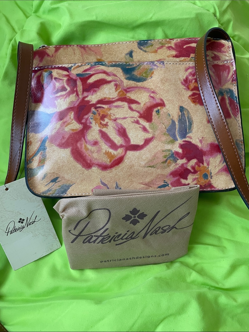 Patricia Nash Floral Leather Crossbody in Beige, Pink & Brown